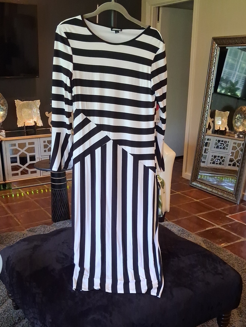 project RUNWAY Black and White Long Sleeve Striped Midi Dress